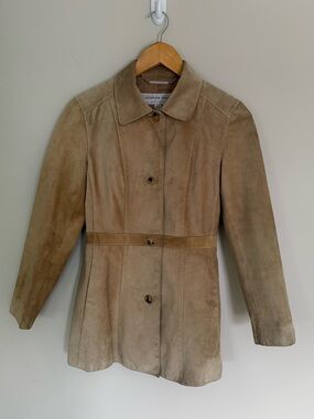 Andrew Marc Tan Suede Structured Waist jacket Tortoiseshell-pattern Buttons XSP
